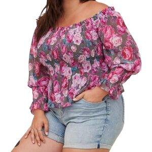 Torrid Crinkle Chiffon Smocked Waist Off-Shoulder Crop Top